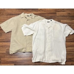 Godbody Linen Shirts White & Tan Short Sleeve Breast Pocket XL (Lot of 2)